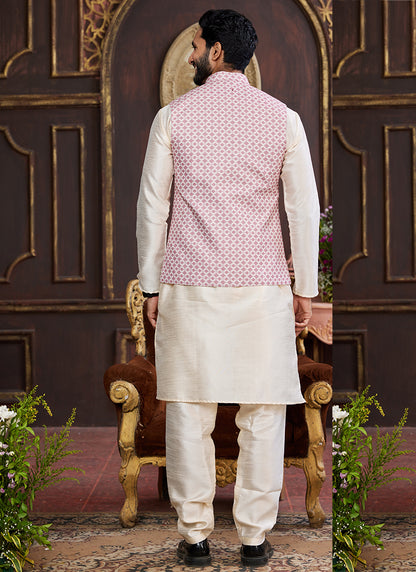 Banarasi Silk Thulian Pink Wedding Wear Digital Print Radymade Modi Jacket Kurta Pajama 357941