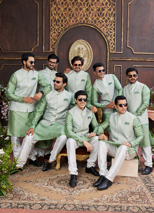 Banarasi Silk Light Green Wedding Wear Digital Print Radymade Modi Jacket Kurta Pajama 357942