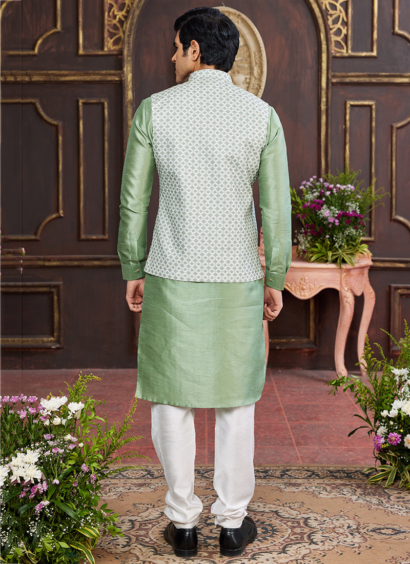 Banarasi Silk Light Green Wedding Wear Digital Print Radymade Modi Jacket Kurta Pajama 357942