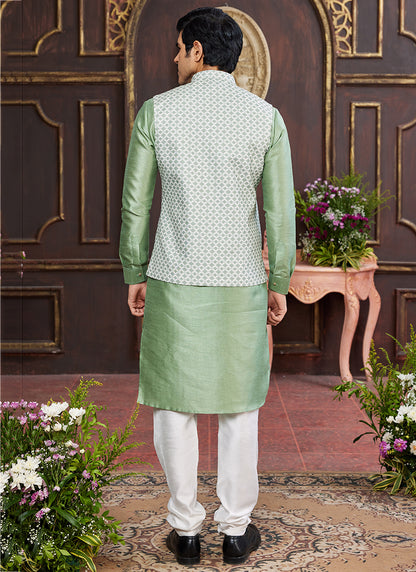 Banarasi Silk Light Green Wedding Wear Digital Print Radymade Modi Jacket Kurta Pajama 357942