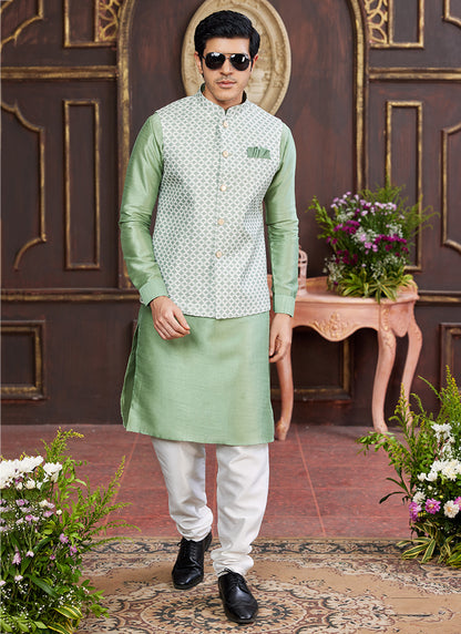 Banarasi Silk Light Green Wedding Wear Digital Print Radymade Modi Jacket Kurta Pajama 357942