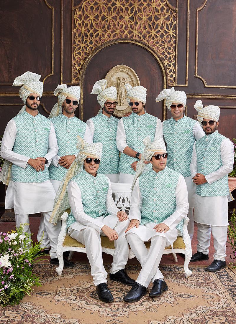 Banarasi Silk Sea Blue Wedding Wear Digital Print Radymade Modi Jacket Kurta Pajama 357943