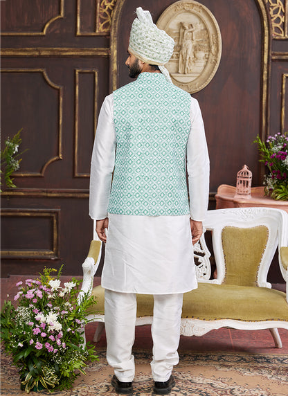 Banarasi Silk Sea Blue Wedding Wear Digital Print Radymade Modi Jacket Kurta Pajama 357943