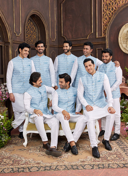 Banarasi Silk Blue Wedding Wear Digital Print Radymade Modi Jacket Kurta Pajama 357944