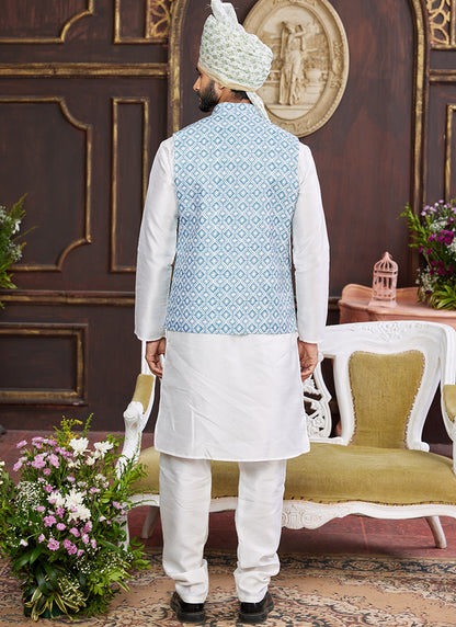 Banarasi Silk Blue Wedding Wear Digital Print Radymade Modi Jacket Kurta Pajama 357944