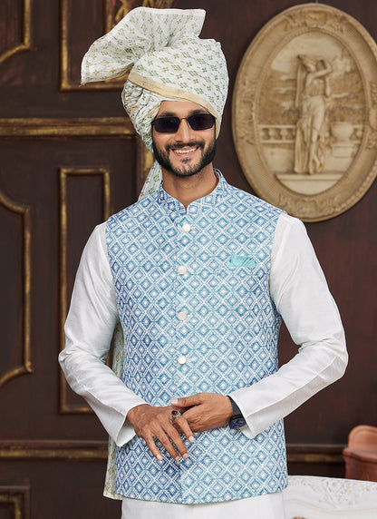 Banarasi Silk Blue Wedding Wear Digital Print Radymade Modi Jacket Kurta Pajama 357944