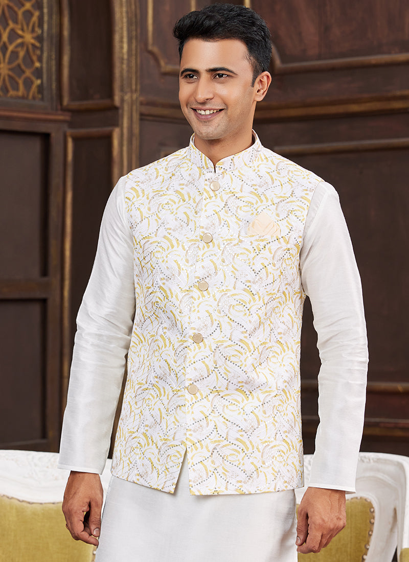 Banarasi Silk While Wedding Wear Digital Print Radymade Modi Jacket Kurta Pajama 357946