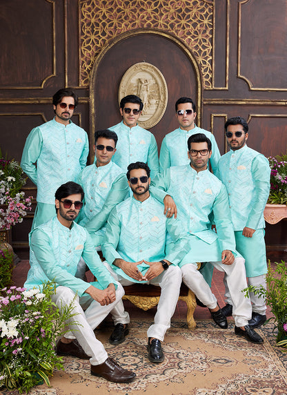 Banarasi Silk Sea Blue Wedding Wear Digital Print Radymade Modi Jacket Kurta Pajama 357947