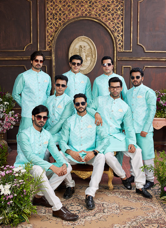 Banarasi Silk Sea Blue Wedding Wear Digital Print Radymade Modi Jacket Kurta Pajama 357947