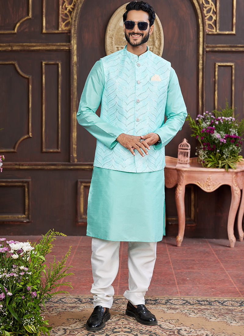 Banarasi Silk Sea Blue Wedding Wear Digital Print Radymade Modi Jacket Kurta Pajama 357947