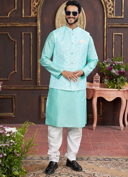 Banarasi Silk Sea Blue Wedding Wear Digital Print Radymade Modi Jacket Kurta Pajama 357947