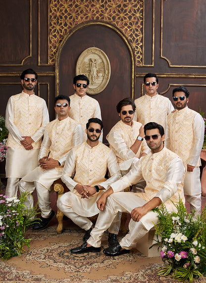 Banarasi Silk Off White Wedding Wear Digital Print Radymade Modi Jacket Kurta Pajama 357948