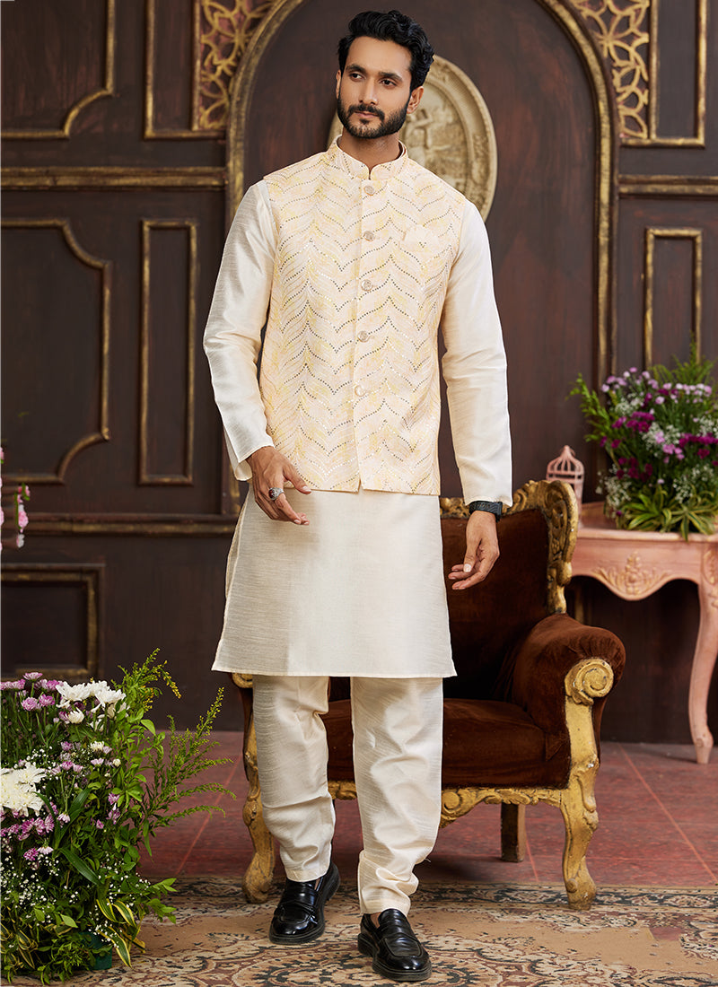 Banarasi Silk Off White Wedding Wear Digital Print Radymade Modi Jacket Kurta Pajama 357948