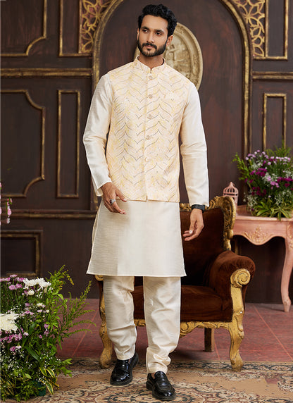 Banarasi Silk Off White Wedding Wear Digital Print Radymade Modi Jacket Kurta Pajama 357948