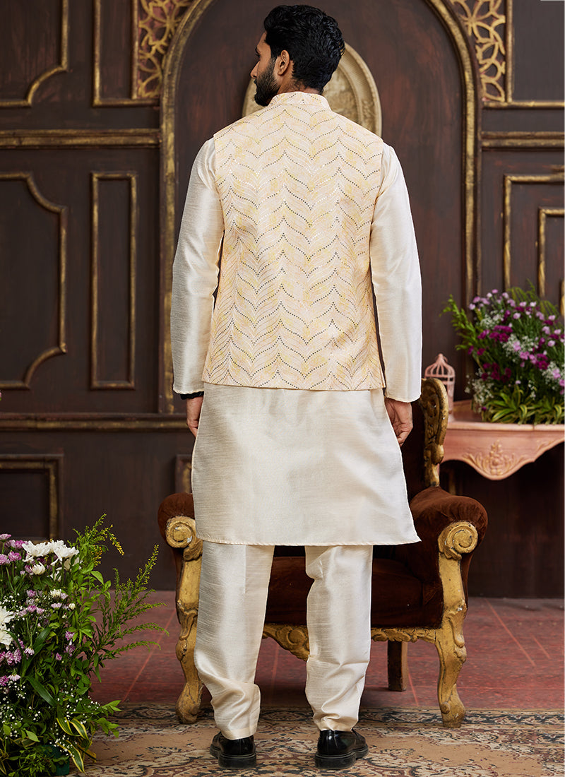 Banarasi Silk Off White Wedding Wear Digital Print Radymade Modi Jacket Kurta Pajama 357948