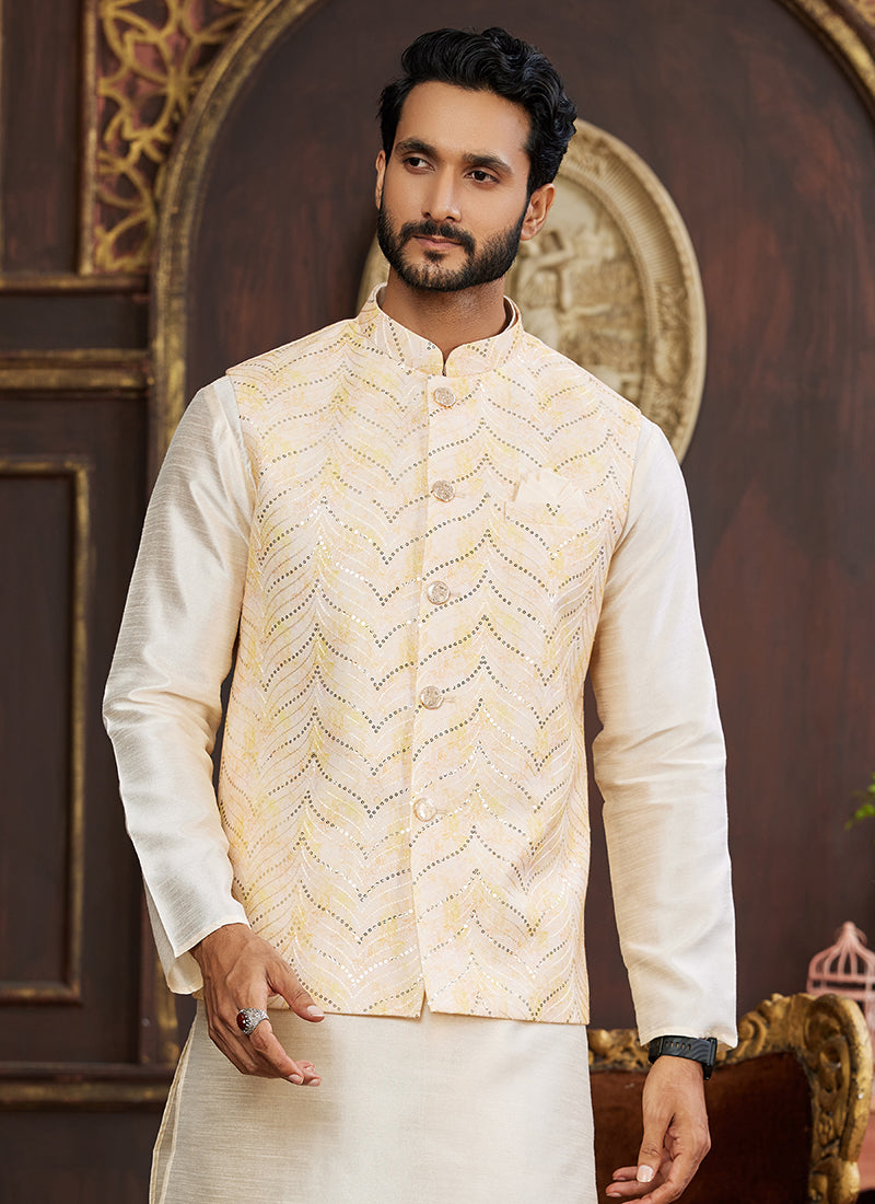 Banarasi Silk Off White Wedding Wear Digital Print Radymade Modi Jacket Kurta Pajama 357948