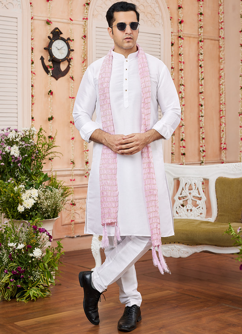 Art Silk Off White Festival Wear Plain Readymade Kurta Pajama 366830