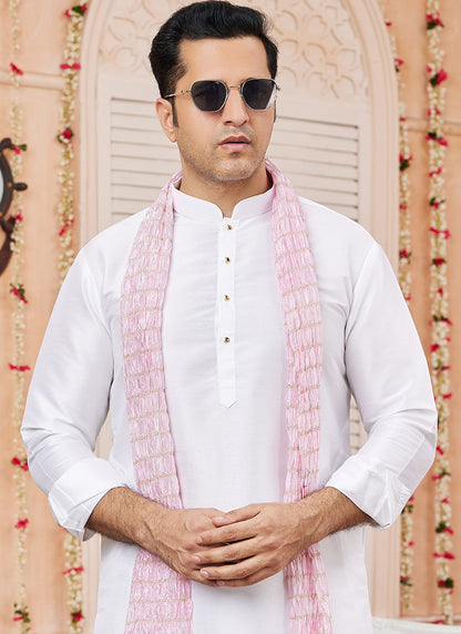 Art Silk Off White Festival Wear Plain Readymade Kurta Pajama 366830