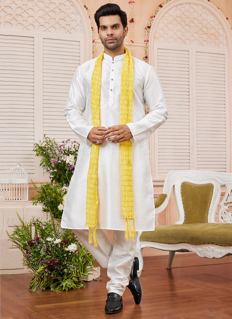Art Silk Cream Festival Wear Plain Readymade Kurta Pajama 366831
