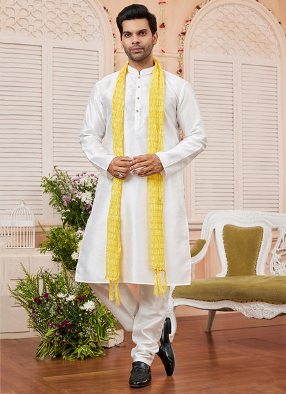 Art Silk Cream Festival Wear Plain Readymade Kurta Pajama 366831