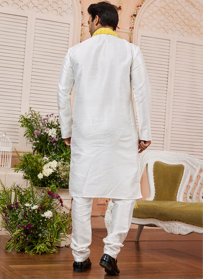 Art Silk Cream Festival Wear Plain Readymade Kurta Pajama 366831