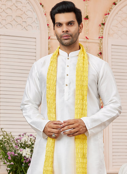 Art Silk Cream Festival Wear Plain Readymade Kurta Pajama 366831