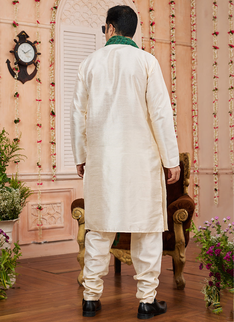 Art Silk Beige Festival Wear Plain Readymade Kurta Pajama 366832