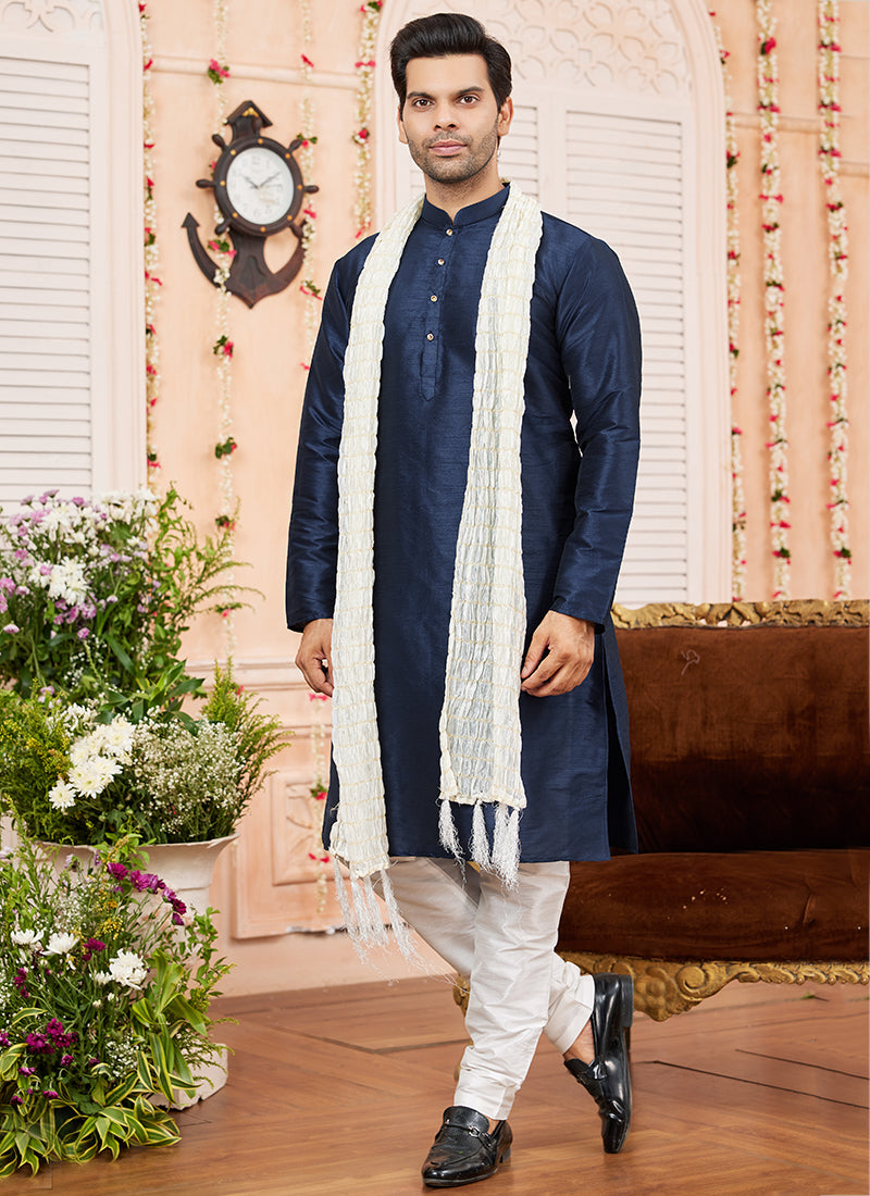 Art Silk Blue Festival Wear Plain Readymade Kurta Pajama 366833