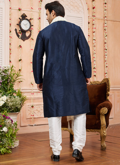 Art Silk Blue Festival Wear Plain Readymade Kurta Pajama 366833