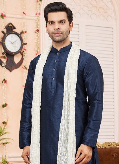 Art Silk Blue Festival Wear Plain Readymade Kurta Pajama 366833