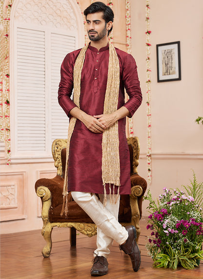 Art Silk Maroon Festival Wear Plain Readymade Kurta Pajama 366834