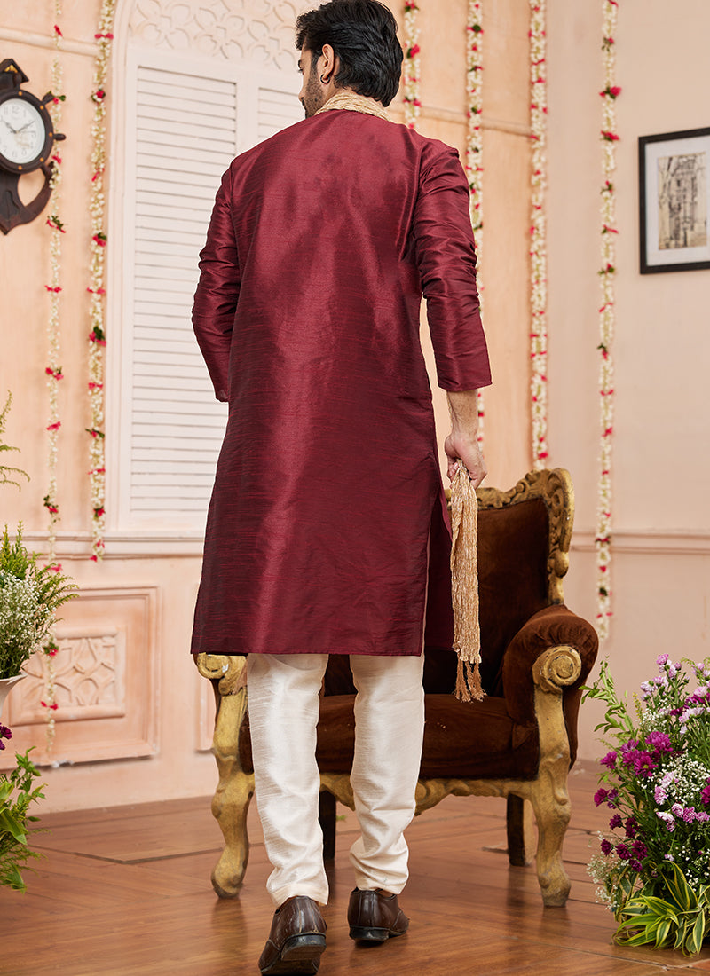 Art Silk Maroon Festival Wear Plain Readymade Kurta Pajama 366834