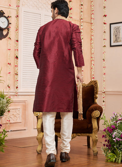 Art Silk Maroon Festival Wear Plain Readymade Kurta Pajama 366834