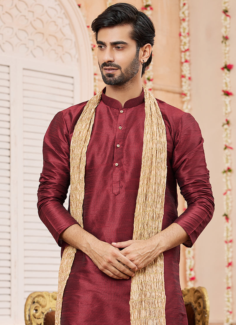 Art Silk Maroon Festival Wear Plain Readymade Kurta Pajama 366834