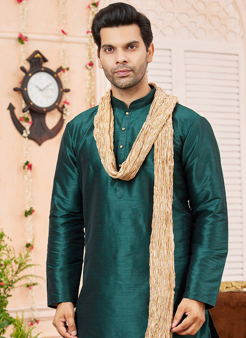 Art Silk Green Festival Wear Plain Readymade Kurta Pajama 366835