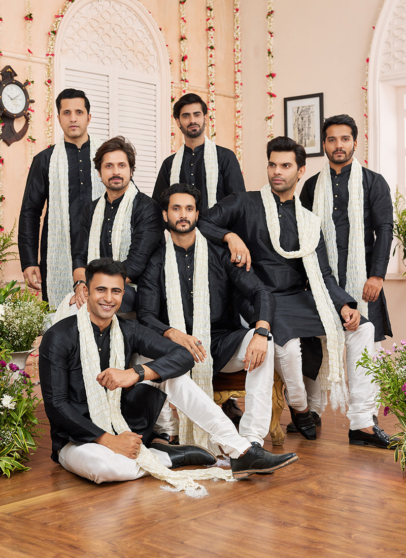 Art Silk Black Festival Wear Plain Readymade Kurta Pajama 366836