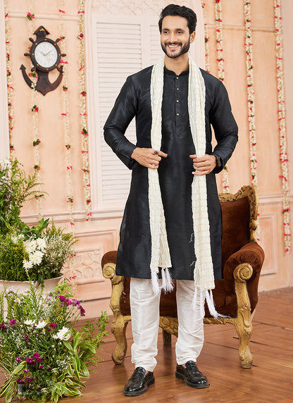 Art Silk Black Festival Wear Plain Readymade Kurta Pajama 366836