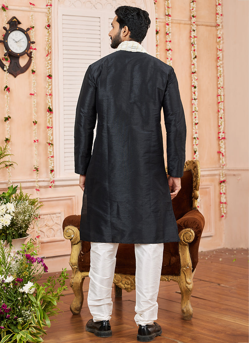 Art Silk Black Festival Wear Plain Readymade Kurta Pajama 366836