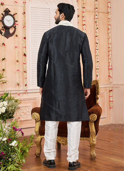 Art Silk Black Festival Wear Plain Readymade Kurta Pajama 366836