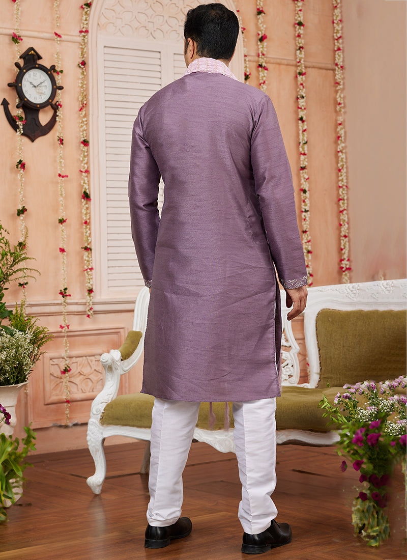 Art Silk Dark Onion Festival Wear Plain Readymade Kurta Pajama 366837