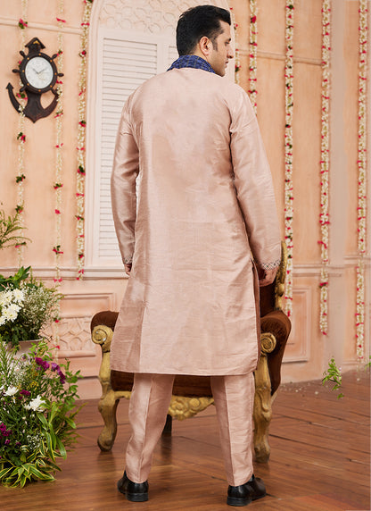 Art Silk Peach Festival Wear Plain Readymade Kurta Pajama 366838