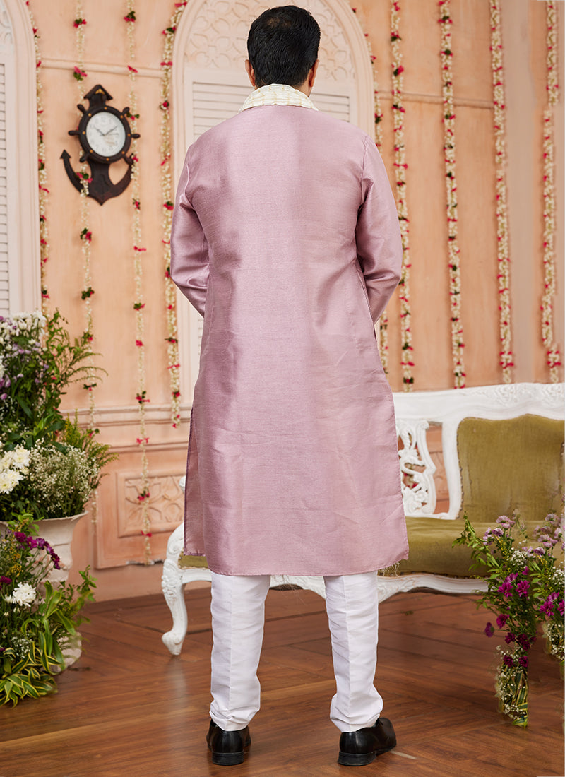 Art Silk Onion Festival Wear Plain Readymade Kurta Pajama 366839