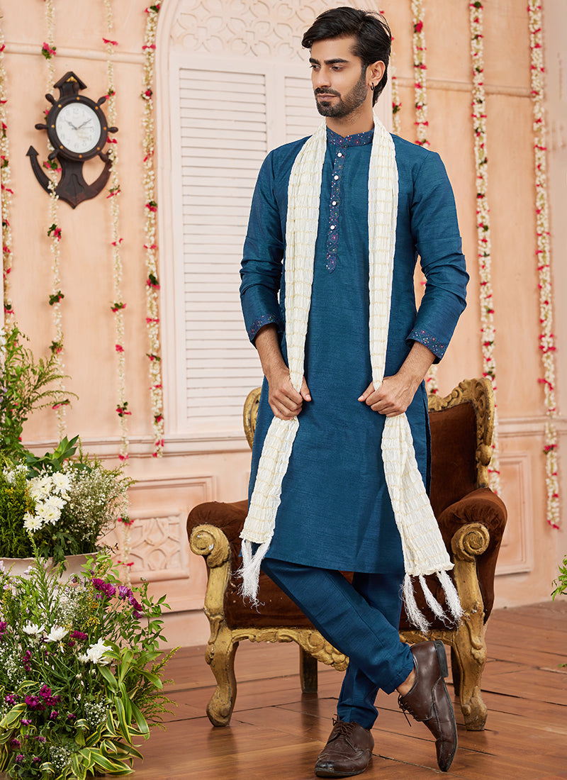 Art Silk Blue Festival Wear Plain Readymade Kurta Pajama 366840