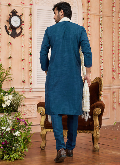 Art Silk Blue Festival Wear Plain Readymade Kurta Pajama 366840