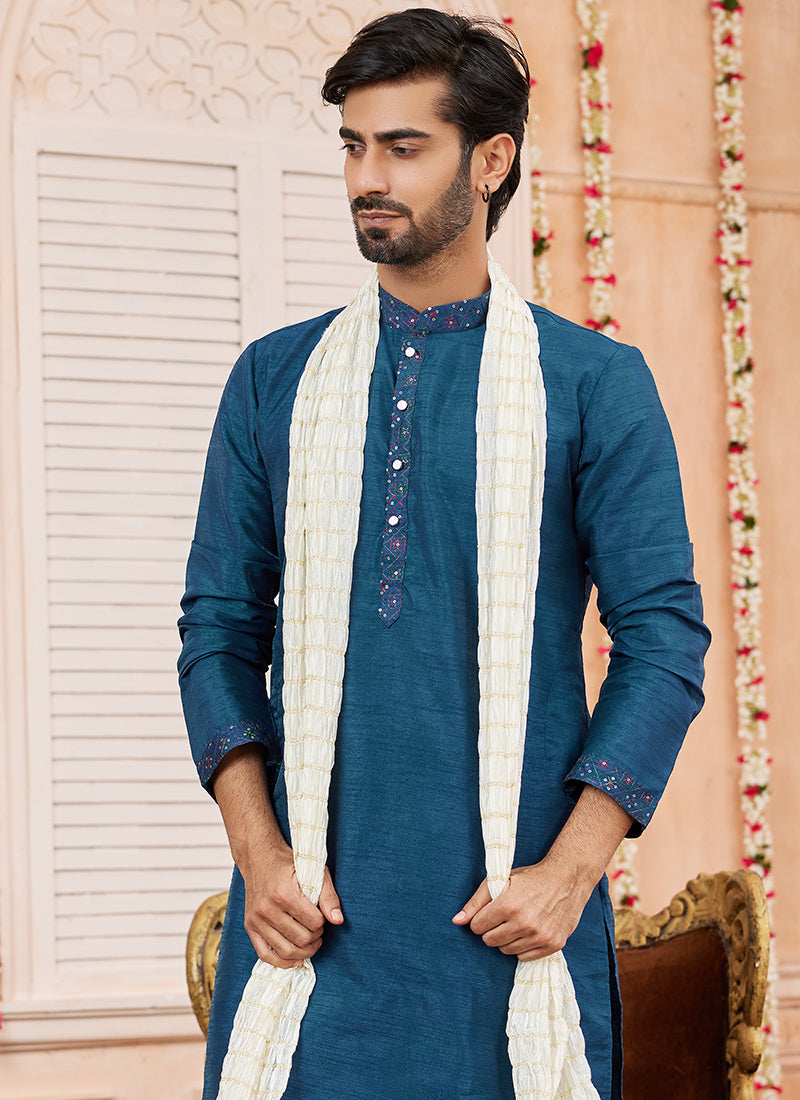 Art Silk Blue Festival Wear Plain Readymade Kurta Pajama 366840