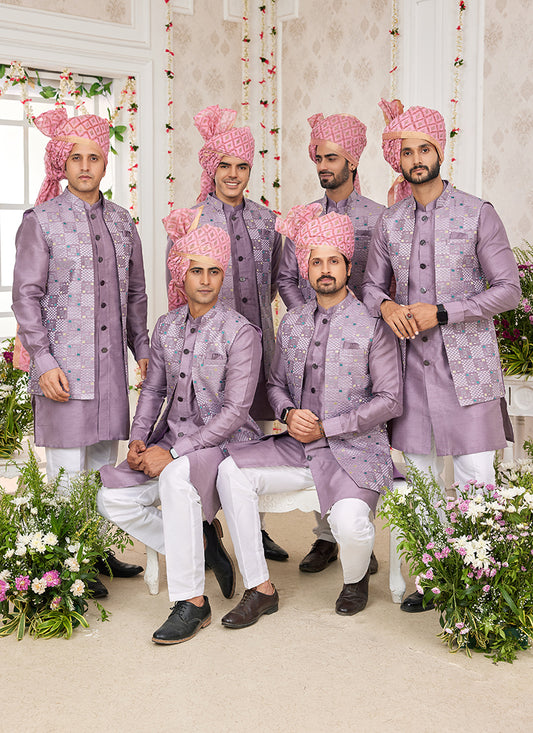 Art Banarasi Silk Onion Wedding Wear Pattern Work Readymade Indo Weartern Sherwani 357960