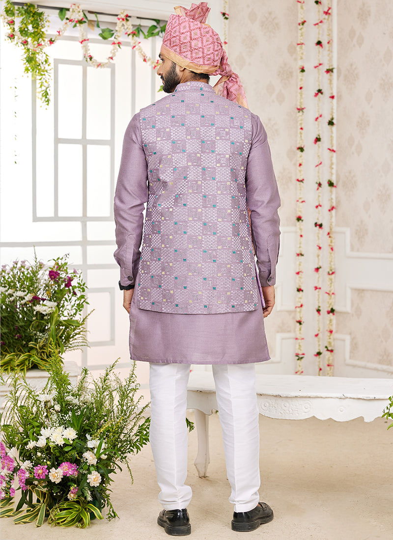 Art Banarasi Silk Onion Wedding Wear Pattern Work Readymade Indo Weartern Sherwani 357960