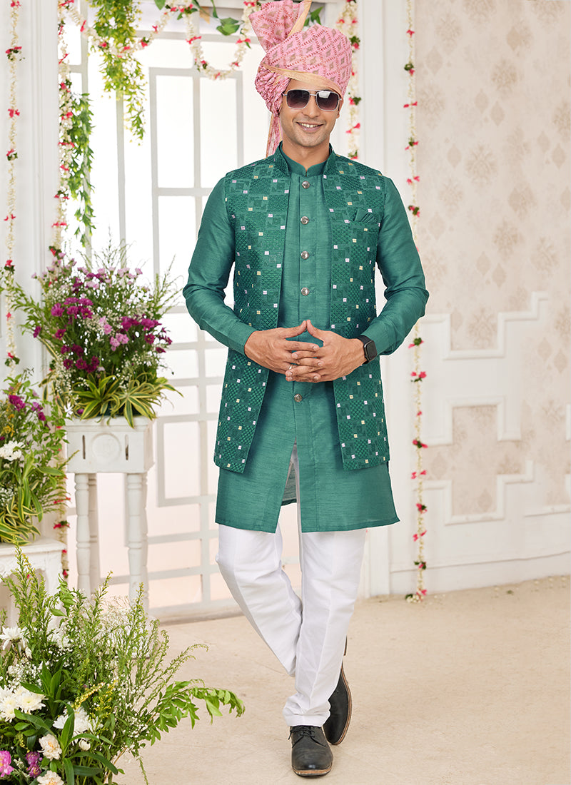 Art Banarasi Silk Green Wedding Wear Pattern Work Readymade Indo Weartern Sherwani 357961