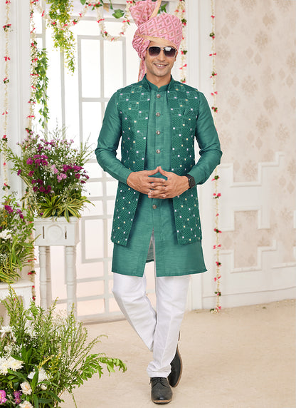 Art Banarasi Silk Green Wedding Wear Pattern Work Readymade Indo Weartern Sherwani 357961