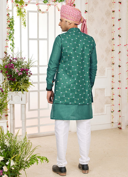 Art Banarasi Silk Green Wedding Wear Pattern Work Readymade Indo Weartern Sherwani 357961